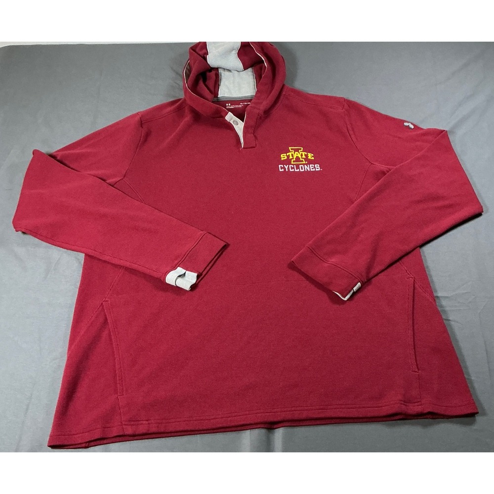 Under Armour Iowa State Cyclones Henley Hoodie Red Waffle Knit Mens XL Loose Fit